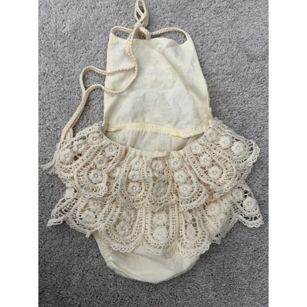 Baby Girl Ruffle Bottom Bubble Romper Soft Cream Halter Jumper